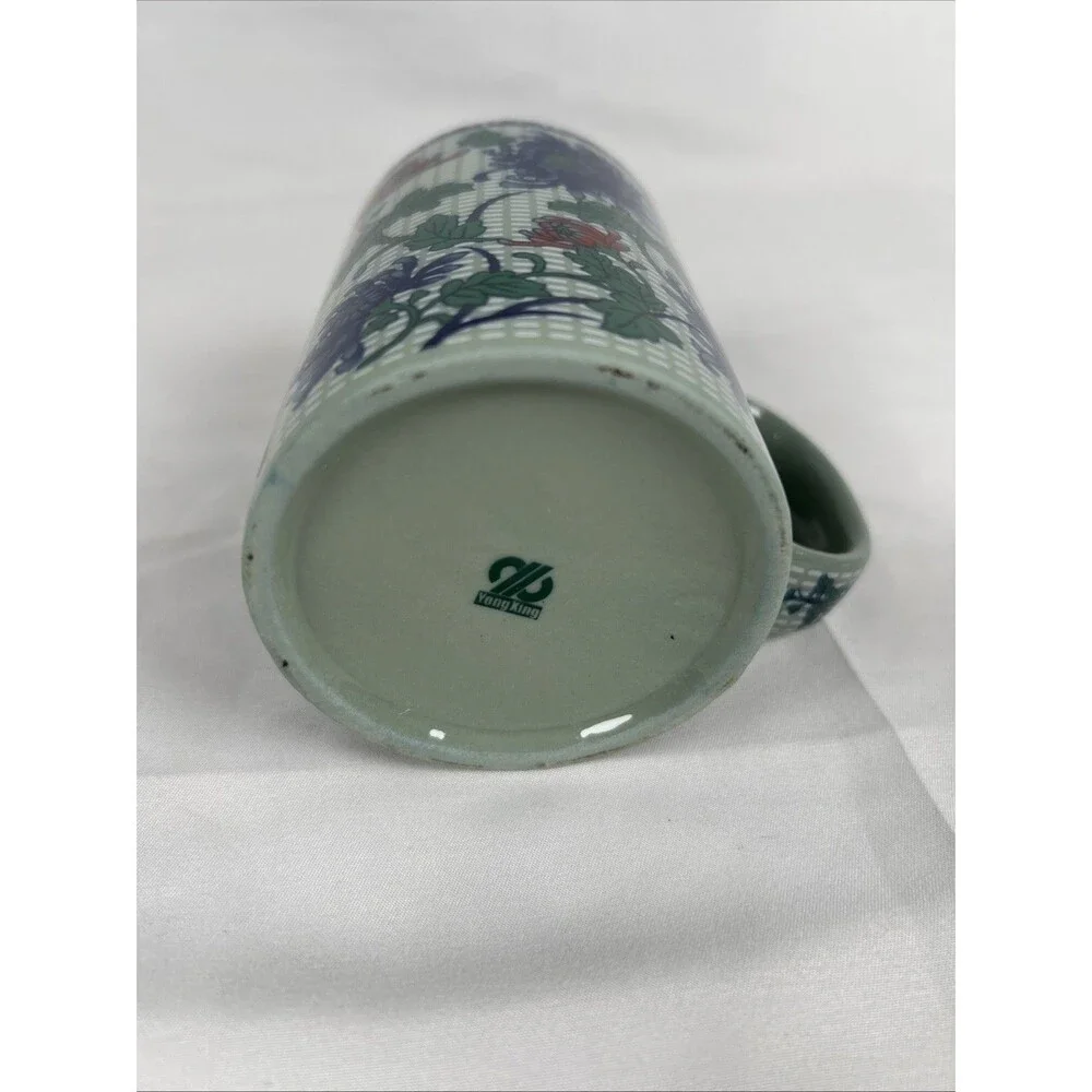 Chinese Porcelain Tea Mug With Lid & Infuser Floral Blue Green Tea Cup Tumbler